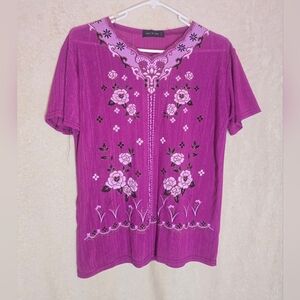 Womens Made in China Size M/L Purple Vintage Floral Embroidered Tunic Blouse  Fl